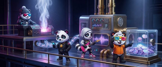 This digital artwork depicts a punk band performing, featuring a jackal-headed DJ, a panda vocalist, a raccoon guitarist, and a ferret frontman in sunglasses, set in a neon-lit industrial environment with sound equipment and a transparent container of coins.