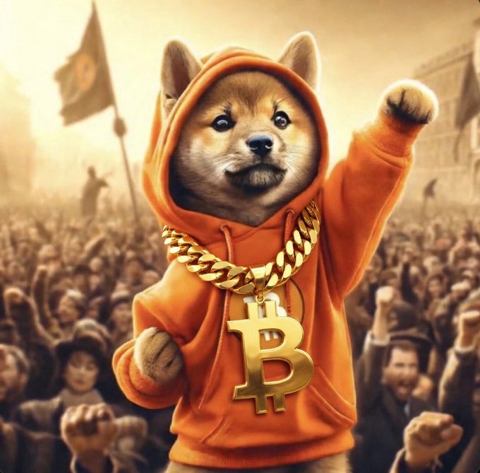 A Shiba Inu dog wearing an orange hoodie and a large gold Bitcoin chain stands triumphantly before a cheering crowd of supporters.
