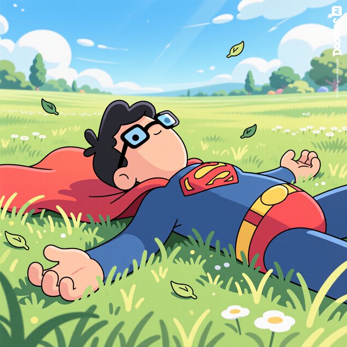 A cartoon illustration of a chibi Superman character peacefully napping in a sunny grassy field with his red cape spread out beneath him.