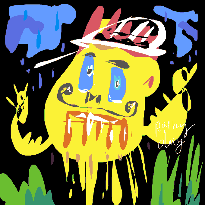 A crude digital drawing of a yellow crying creature with blue tears, a red mouth, and a halo above its head, signed 'painy diary'.