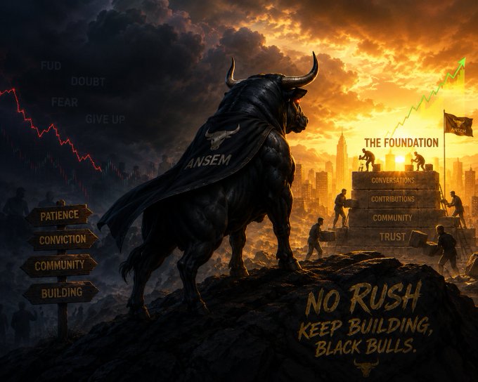 A powerful black bull with "ANSEM" emblazoned on its cape stands between two contrasting scenes—a dark, stormy landscape filled with FUD, doubt, fear, and "give up," and a bright sunrise cityscape where figures build "THE FOUNDATION" through conversations, contributions, community, and trust—anchored by the message "NO RUSH, KEEP BUILDING, BLACK BULLS." The image visually reinforces the post's message about patience in crypto, showing how enduring the dark uncertainties ultimately leads to building something strong and lasting, embodied by the steadfast black bull that refuses to rush despite the chaos around it.