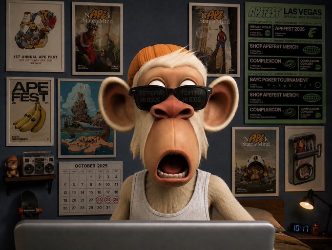 A surprised-looking 3D animated monkey wearing sunglasses sits at a laptop with APEFEST Las Vegas posters on the wall behind, including an October 2025 calendar.