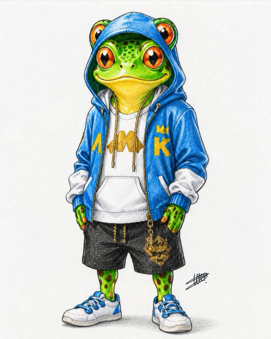 A cool frog character wearing a blue hoodie, white t-shirt with gold letters, black shorts, and white sneakers relates to the $RIBBIT post announcing $ZSWAP airdrop winners.