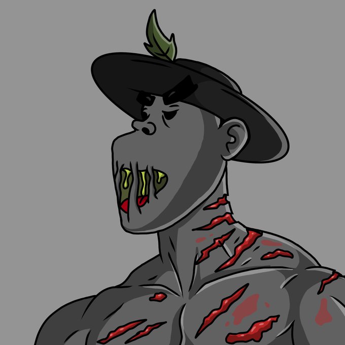 A cartoon-style drawing of a gray-skinned zombie-like character wearing a black cap with a green leaf, with red gashes and green drool on his face and neck.