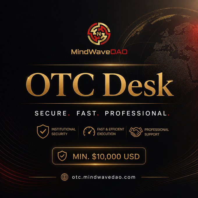 Promotional graphic for 'MindWaveDAO OTC Desk' advertising secure and fast trading with a minimum of $10,000 USD, at otc.mindwavedao.com.
