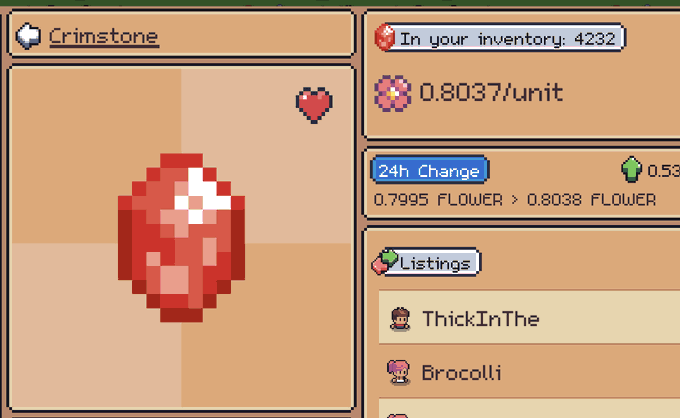 A pixel-art trading interface from 0xSunflowerLand displays "Crimstone" with 4232 units in inventory at 0.8037/unit, showing a 24h price change from 0.7995 to 0.8038 FLOWER and active listings from players "ThickInThe" and "Brocolli." The image reflects the user's preparation for the upcoming Ascension Age event by stockpiling resources and monitoring marketplace prices.