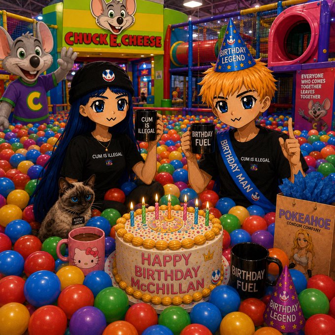 An anime-style birthday scene at Chuck E. Cheese shows two characters wearing black 'CUM IS ILLEGAL' t-shirts holding mugs labeled 'CUM IS ILLEGAL' and 'BIRTHDAY FUEL' next to a 'HAPPY BIRTHDAY McCHILLAN' cake, with a cat, a Hello Kitty mug, and a 'POKE AHOE' condom company box nearby.
