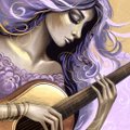 An artistic illustration of a pale-skinned woman with flowing lavender hair playing a lute or similar stringed instrument, with her eyes closed in concentration.