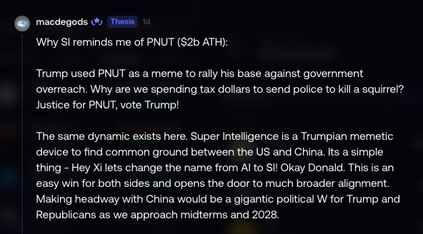 A tweet by macdegods drawing parallels between Trump's PNUT meme and Super Intelligence (SI) as a geopolitical tool to align the US and China.