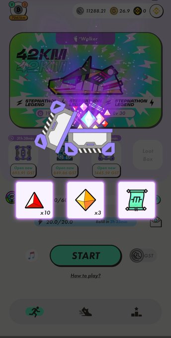 The image shows an advertisement for a mobile game called "Happy weekend! Left the city noise and screen glare behind to head straight into the heart of nature." The game appears to be about fitness, as indicated by the phrase "my steps with @stepnofficialical". It is designed to help users find peace in nature. The image also includes a small icon that says "start" and another one that says "how to play?".