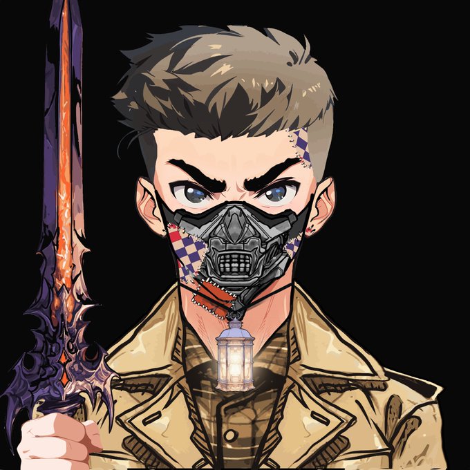 An anime-style illustration of a young man with messy brown hair wearing a beige trench coat, a mechanical respirator mask with red, white, and blue accents, and holding a large ornate sword with a glowing purple and orange blade.