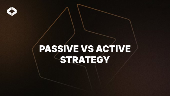 A dark-themed graphic with the text 'PASSIVE VS ACTIVE STRATEGY' centered over a faint geometric logo outline.
