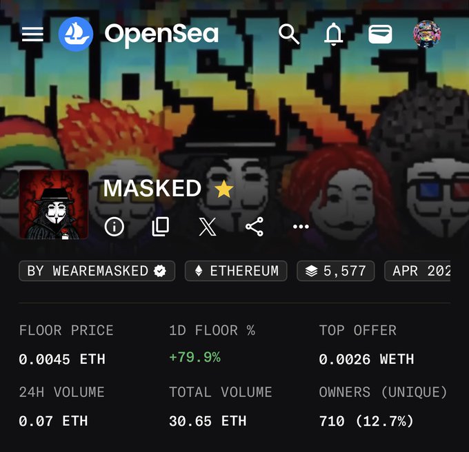 An OpenSea app screenshot showing an NFT collection called 'MASKED' by WEAREMASKED on the Ethereum blockchain, with various statistics including a floor price of 0.0045 ETH.