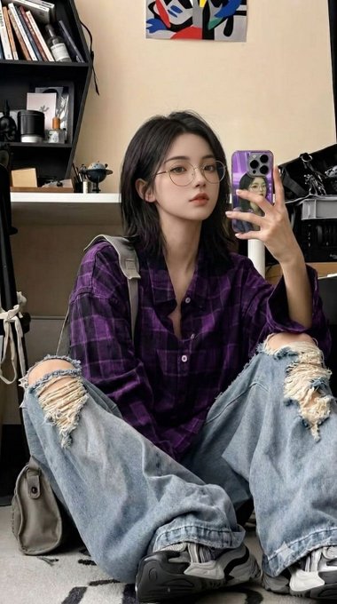 A young woman with short dark hair and round glasses takes a mirror selfie while seated on the floor, wearing an oversized purple plaid shirt, ripped light blue jeans, and chunky sneakers.