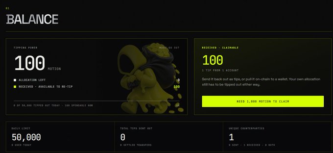 A digital dashboard titled 'BALANCE' showing 'TIPPING POWER 100 $HOTTOM' and 'RECEIVED - CLAIMABLE 100', with a 'NEED 1,000 HOTTOM TO CLAIM' button and a green cartoon mascot.