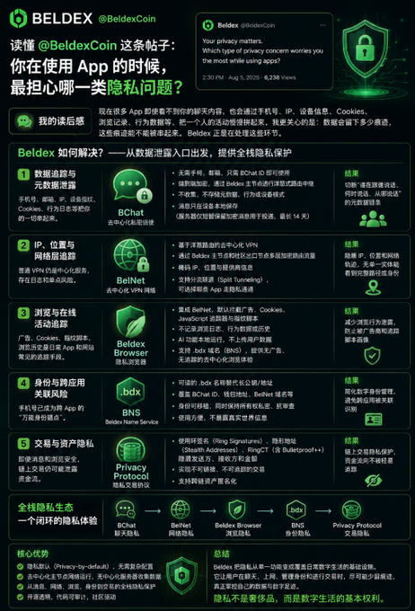 An infographic from Beldex (@BeldexCoin) detailing privacy concerns in apps and solutions across categories like messaging, IP, browsing, and transactions.