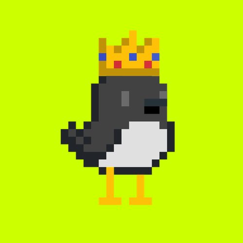 A pixel-art cartoon bird with a gray body, white belly, and golden crown stands against a bright yellow-green background, embodying the playful, community-spirited NFT mascot described in the accompanying post.