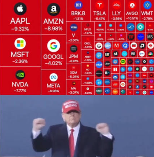 A composite image showing stock tickers (AAPL -9.32%, AMZN -8.98%, MSFT -2.36%, GOOGL -4.02%, NVDA -7.77%, META -8.96%, TSLA -5.47%, etc.) in red boxes above a photo of Donald Trump wearing a red 'Make America Great Again' hat.