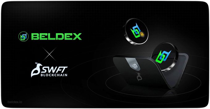 A promotional graphic displays the 'BELDEX' and 'SWFT BLOCKCHAIN' logos alongside 3D metallic coin designs.