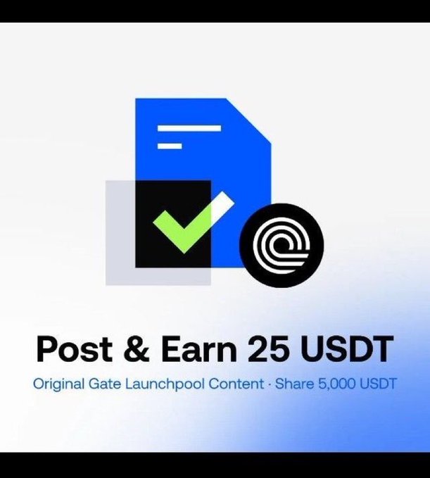 A promotional graphic displays a document icon with a green checkmark and a logo, featuring the text "Post & Earn 25 USDT" with the subtitle "Original Gate Launchpool Content · Share 5,000 USDT" — highlighting a Gate.io campaign offering rewards for posting content related to the BLKHION Launchpool mentioned in the accompanying post.