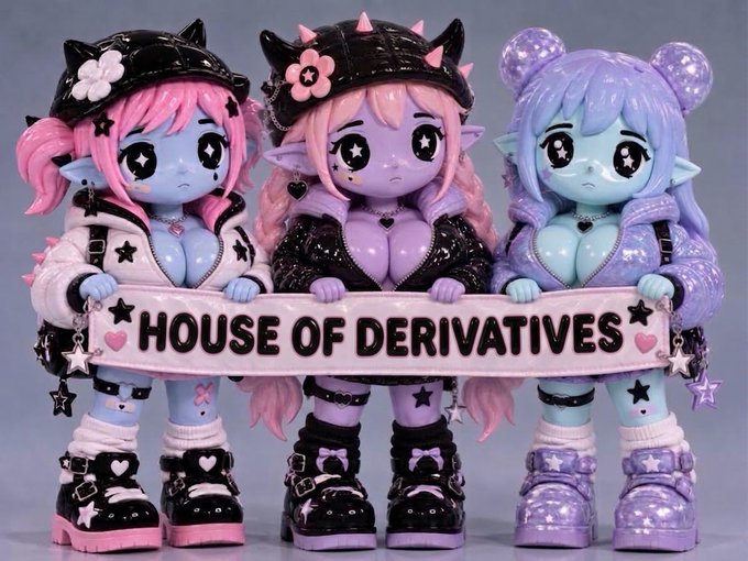 Three stylized cartoonish figures with blue skin, horns, and large eyes in pastel and black outfits, holding a banner that reads 'HOUSE OF DERIVATIVES'.