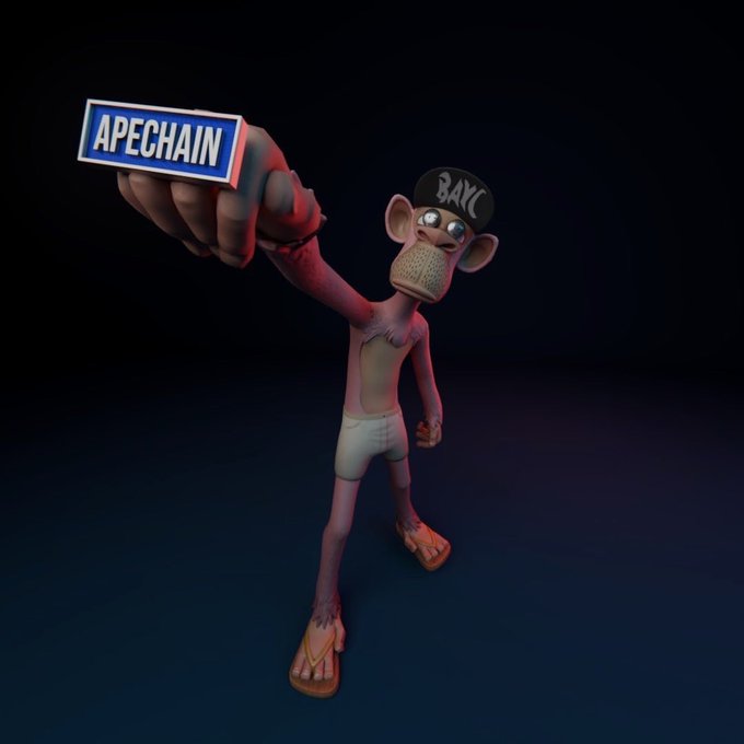A 3D render of a BAYC (Bored Ape Yacht Club) character holding up an 'APECHAIN' street sign.