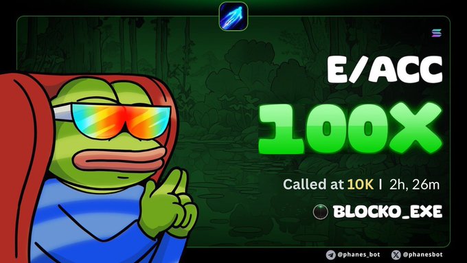 A promotional graphic featuring a cartoon Pepe the Frog character wearing sunglasses and a red hood, with text reading 'E/ACC 100X Called at 10K | 2h, 26m BLOCKO_EXE' and social media handles '@phanes_bot'.