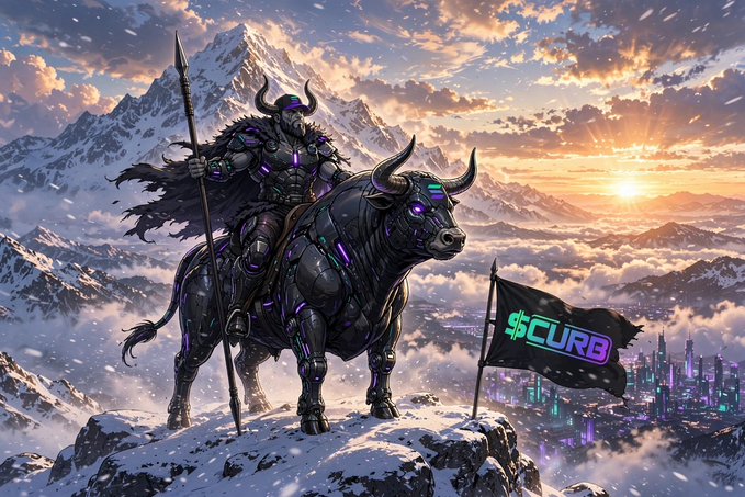 A mighty horned warrior clad in dark armor sits atop a powerful armored bull on a snowy mountain peak at sunrise, beside a black flag displaying the green "$CURB" ticker, symbolizing bullish dominance over the Solana landscape referenced in the post.