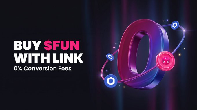 An advertisement featuring the text 'BUY $FUN WITH LINK' and '0% Conversion Fees' next to a 3D purple and red zero graphic.