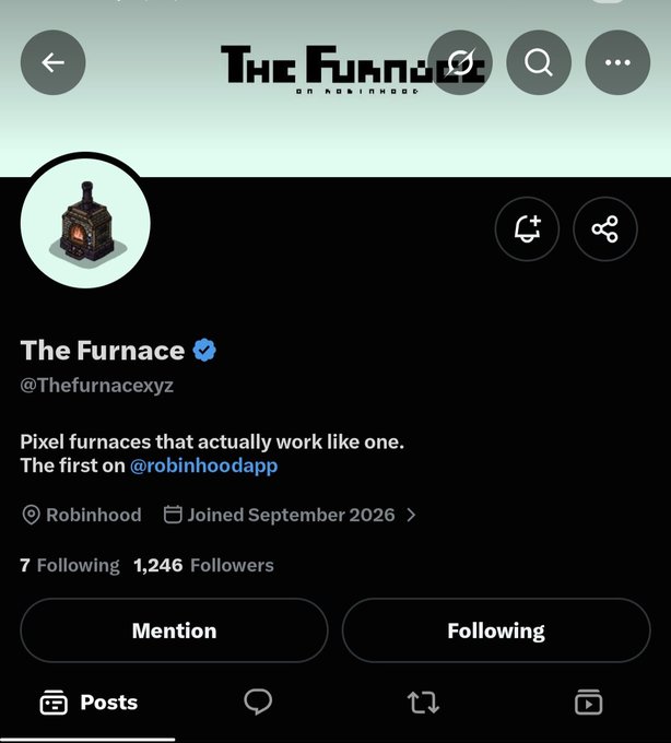 A Robinhood profile page for 'The Furnace' (@Thefurnacexyz) describes them as 'Pixel furnaces that actually work like one. The first on @robinhoodapp'.