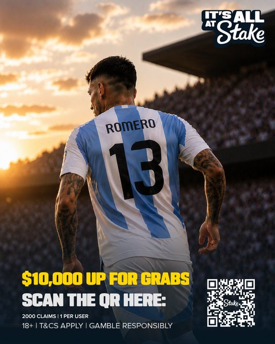 The image shows the back of a soccer player wearing an Argentina national team jersey with "ROMERO" and the number "13," set against a sunset stadium backdrop. The ad is a Stake.com promotional banner offering a "$10,000 UP FOR GRABS" bonus, with a QR code and the slogan "IT'S ALL AT Stake," tying into the post's mention of claiming a half-time bonus on Stake during an Argentina match.
