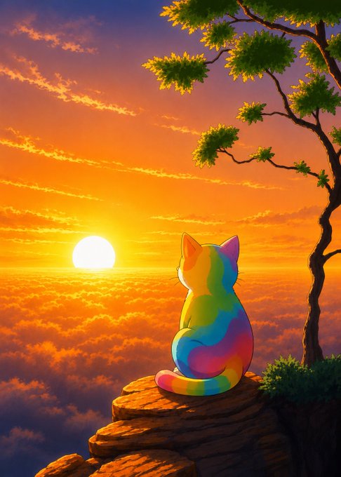 A vibrantly rainbow-colored cat sits peacefully on a cliffside at sunset, gazing out over clouds toward a glowing sun. The artwork's bold spectrum of hues directly mirrors the "bullish on $Colors" theme, symbolizing vibrant optimism.