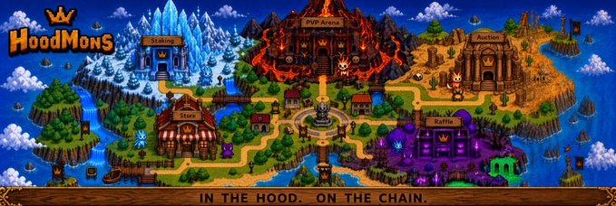 A colorful pixel-art map of the HoodMonS game world with various zones including Staking, PVP Arena, Auction, Store, and Raffle, tagged 'IN THE HOOD. ON THE CHAIN.'