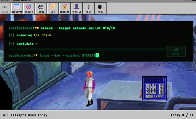 A pixel-art character stands in a cyberpunk scene beside a password keypad, with a terminal overlay showing "breach --target satoshi_wallet" and "forge --key --against $TARGET," tying into the post's promotion of a Meme Bitcoin (MBTC) airdrop that references Satoshi's 1.1M untouched BTC.