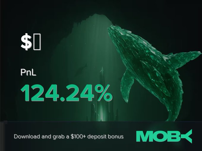 The image is a promotional graphic for Moby Mobile featuring a glowing green whale underwater, with text displaying a closed PnL of +124.24% and a call-to-action to "Download and grab a $100+ deposit bonus" alongside the MOBY logo. The graphic visually reinforces the post's win alert, highlighting the impressive +124.24% return on the trader's closed position.