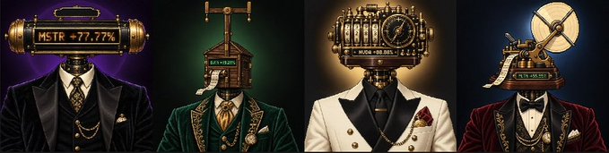 Four dapper figures in tailored suits sport elaborate steampunk-style mechanical heads, with display panels showing tickers like "MSTR +77.77%" and "NVDA +18.86%," framed as "R E L I C S" representing timeless symbols of market fortune.