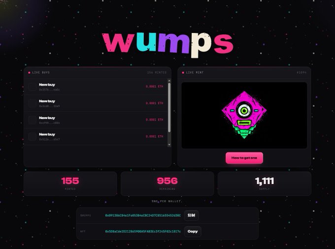 The image displays the homepage of wumps.fun, featuring a colorful "wumps" logo, a "Live Buys" panel showing recent purchases at 0.0001 ETH, a "Live Mint" section displaying a purple diamond-shaped NFT character, and statistics showing 155 visitors, 956 remaining NFTs out of 1,111 total, along with a wallet address for purchases.