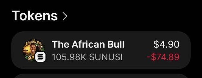 A mobile screenshot of a crypto token tracker displaying "The African Bull" (SUNUSI) trading at $4.90, down $74.89, with 105.98K SUNUSI held, illustrating the post's claim about supporting an African crypto project being touted as the next $ANSEM.