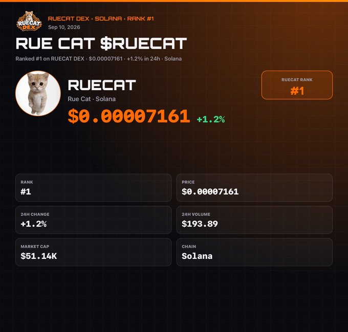 RUECAT DEX listing page on Solana showing token $RUECAT ranked #1 with price $0.00007161, +1.2% in 24h, $51.14K market cap, and $193.89 24h volume.