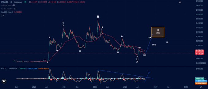 A trading chart for 'IAGON - 1D' on Cardano, showing a MACD indicator with wave labels including iii, iv, and v.