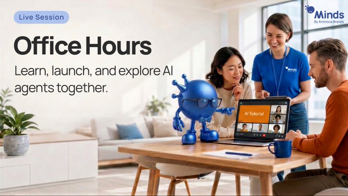 A promotional banner for a "Minds" Office Hours live session, featuring people collaborating around a laptop displaying an "AI Tutorial" with a blue robot mascot. The text reads "Live Session - Office Hours - Learn, launch, and explore AI agents together," with the "Minds By Animoca Brands" logo in the corner, advertising the upcoming 5 PM HKT event.