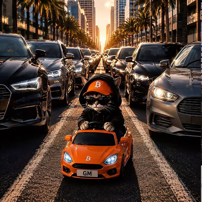 An AI-generated image shows a cat wearing sunglasses and an orange Bitcoin cap driving a small orange sports car down a street lined with luxury vehicles, with a city skyline at sunset.