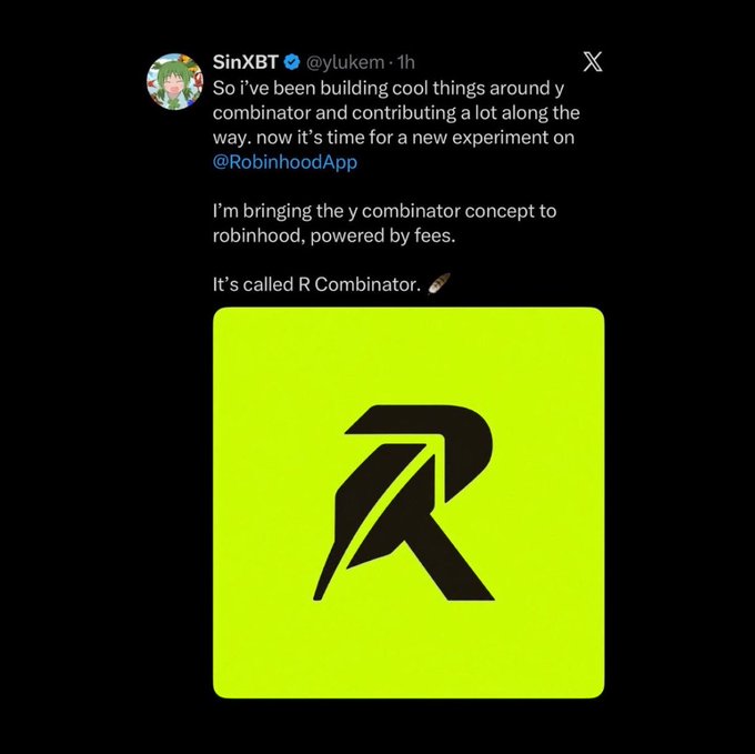 A screenshot of a tweet from SinXBT (@ylukem) announcing an "R Combinator" experiment on Robinhood, featuring a neon green image with a stylized rocket-shaped letter "R" logo that visually reinforces the ticker $RCOMBINATOR mentioned in the accompanying post.
