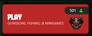 A digital graphic with a red background featuring the word 'PLAY' in white, the text 'DUNGEONS, FISHING, & MINIGAMES' below it, and a menacing black helmeted figure on the right with '501' above it.