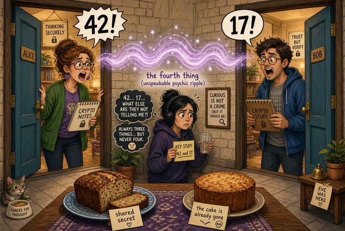A cartoon illustration shows a woman (Alice) shouting "42!" and a man (Bob) shouting "17!" from doorways on either side, while a central figure thinks "the fourth thing," with loaves of bread labeled "shared secret" and "the cake is already gone" in the foreground.