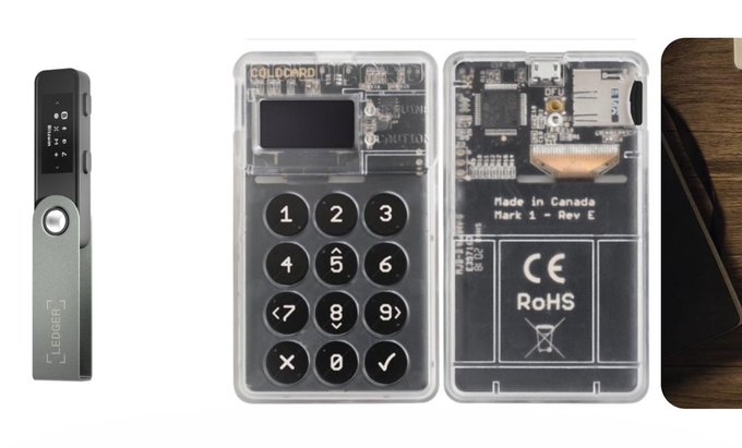 A side-by-side comparison showing a Ledger hardware wallet on the left and a Coldcard Mk1-Rev E (marked "Made in Canada") on the right, both designed for secure cryptocurrency key storage. The image visually reinforces the post's debate about whether hardware wallet security depends on the device itself or on how private keys and seeds are generated, especially in light of the reported Coldcard seed generation bug affecting over 1,000 BTC.
