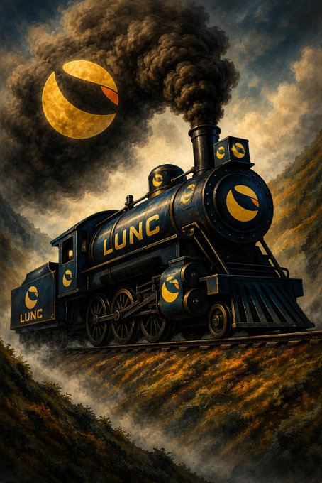 A vintage steam locomotive emblazoned with the "LUNC" logo and Luna coin emblem plows through a smoky, dramatic landscape, with a crescent moon looming overhead—visually echoing the unstoppable momentum of the LUNC token.