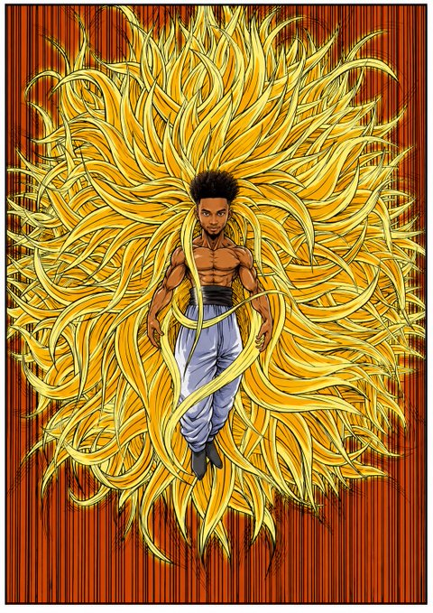 An illustration depicting a shirtless man with an afro hairstyle wearing light blue pants, surrounded by a massive, radiating golden aura reminiscent of a Super Saiyan transformation from the anime Dragon Ball.
