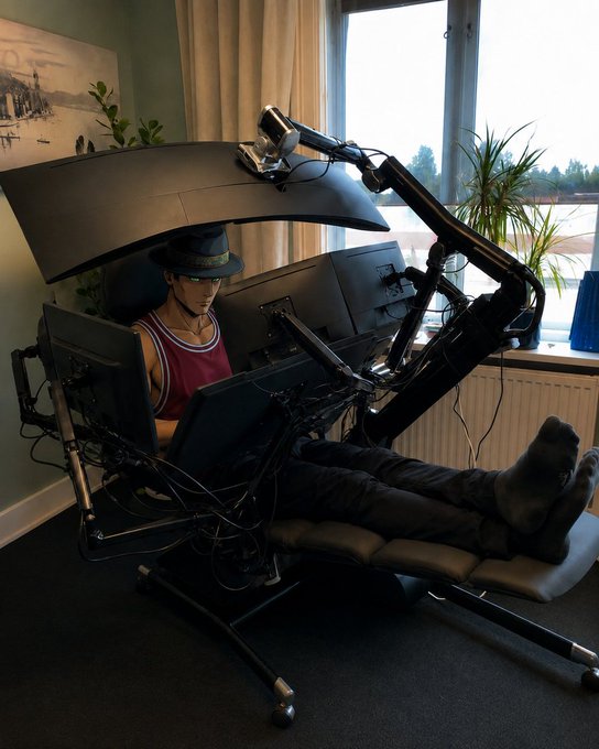 A person wearing a hat and red tank top reclines in an elaborate, multi-monitor ergonomic workstation setup positioned near a bright window.