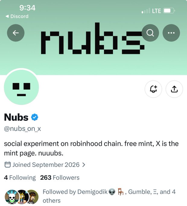 A mobile screenshot of an X (Twitter) profile page for 'Nubs' (@nubs_on_x), a verified account with a pixelated face profile picture, describing itself as a 'social experiment on robinhood chain.'
